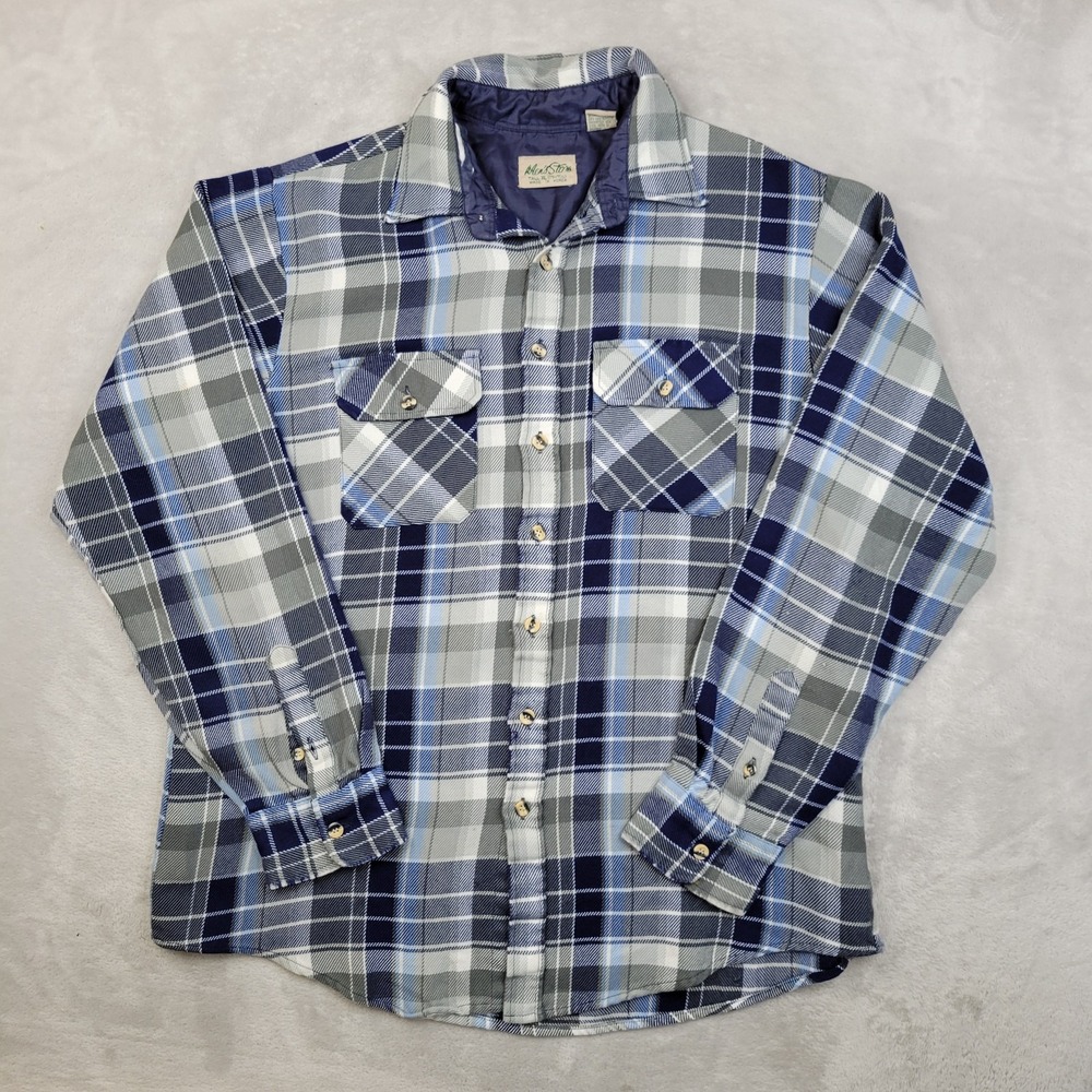 Vintage‎ Mens Store Shirt Mens XL Tall Blue Gray Plaid Flannel Western 90s